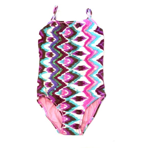 ❤️ sz 8 lk 6x/7 NEW Submarine 1pc Elegeant Ikat print Sequined Girls Swimsuit ❤️